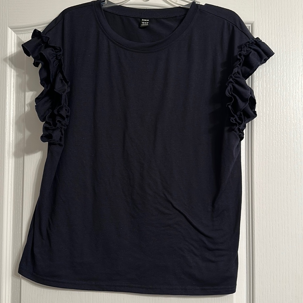 Shein Navy Ruffle Sleeve Top